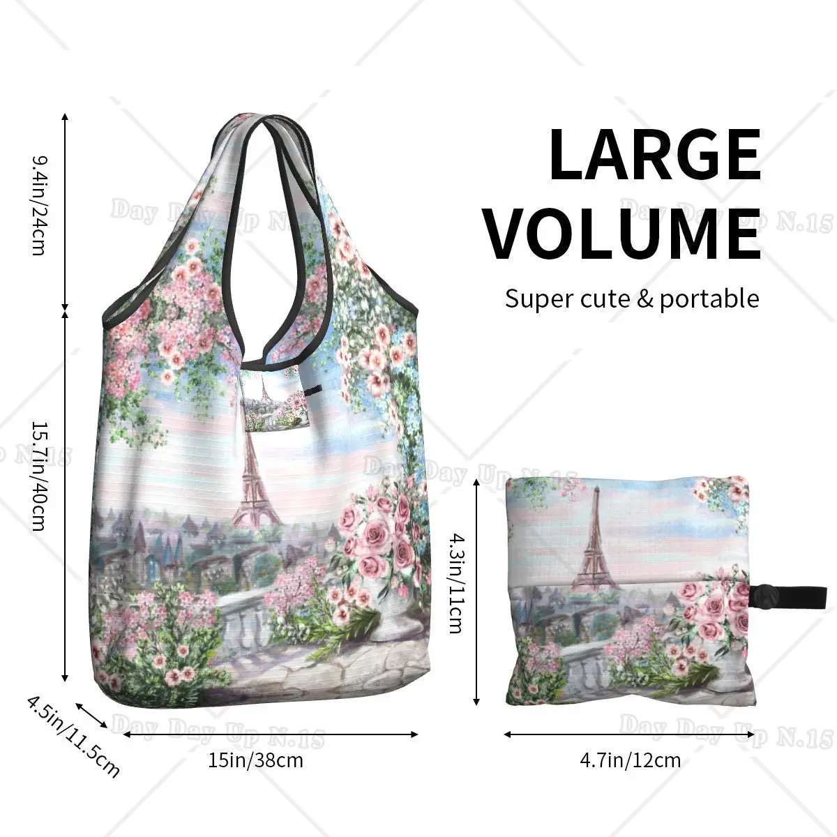 Large Reusable France Paris Eiffel Tower Grocery Bags Watercolor Floral Art Flower Shopping Tote Bag Washable Lightweight