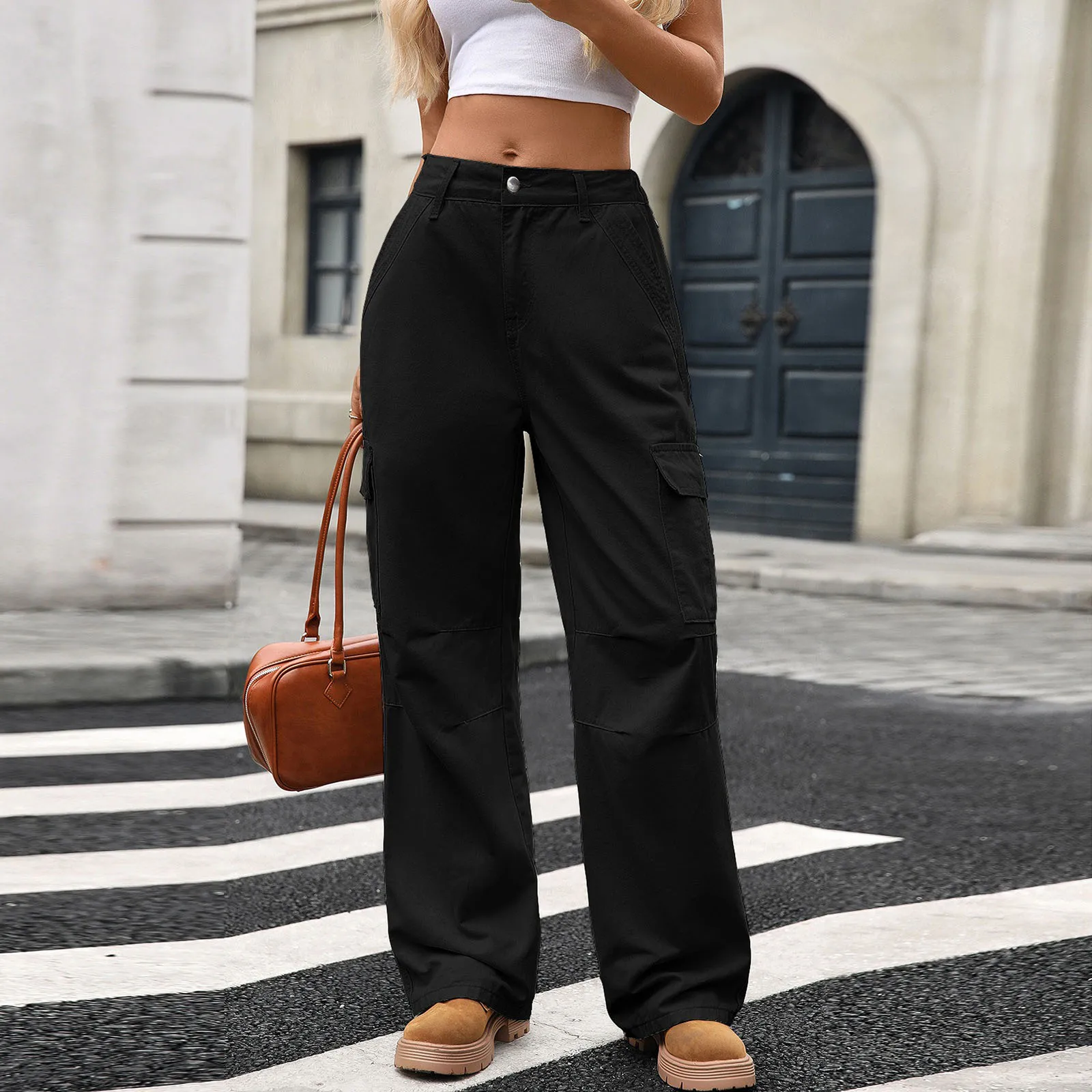 Women's Solid Cargo Denim Pants Lightweight Mid Waist Loose Wide Leg Jeans Trousers