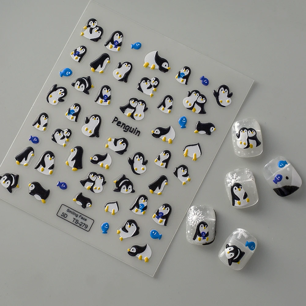 Penguin 5D Nail Stickers Faux Ongles Reutilisable Nail Tattoo Wrap Nail Decor