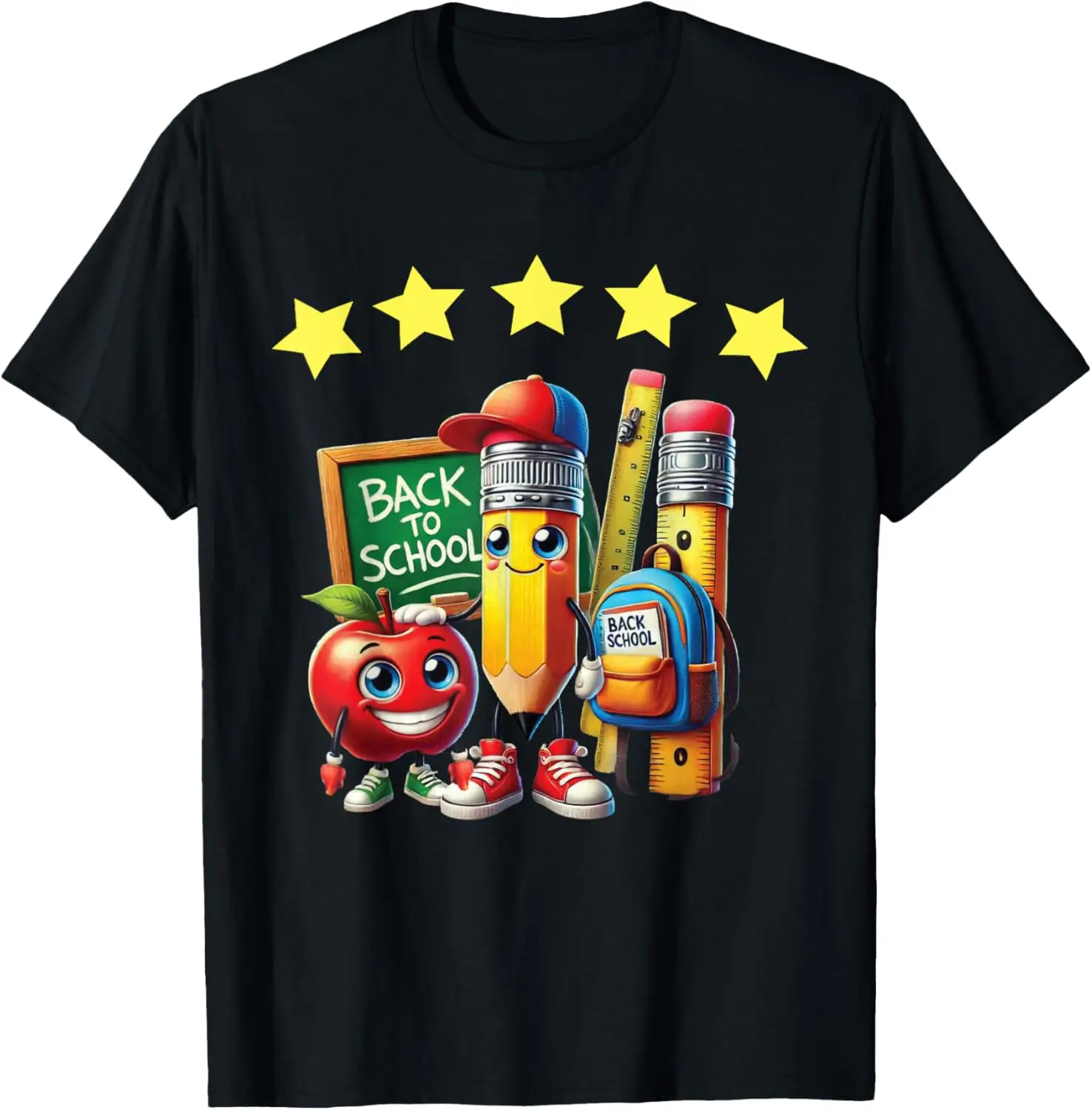 

Back To School Standard Design with Red Apple, Pencil, Black T-Shirt