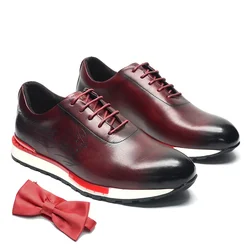 Luxury Men's Genuine Cow Leather Sneaker Shoes in Black Green Burgundy Lace-up Casual Oxford Dress Shoes Man Size 38 To 46