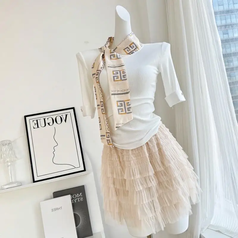 Elegant Women's Slim Fit Comfortable Thin Sleeve T-Shirt Korean Style Commute Wind Summer Autumn Seasonal Five Sleeve Length