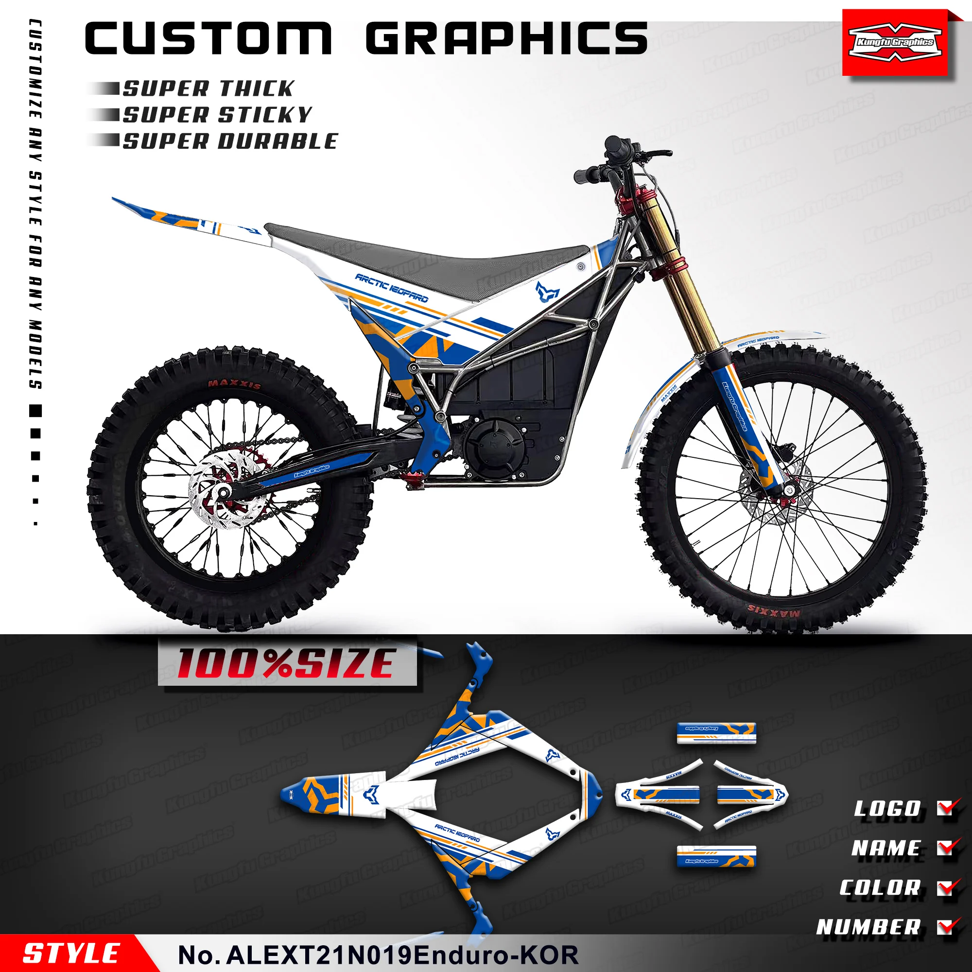 

Комплект наклеек для бездорожья KUNGFU GRAPHICS, устойчивый к ультрафиолетовому излучению винил для Arctic Leopard E-XT, электрический внедорожный эндуро, пробный белый, синий