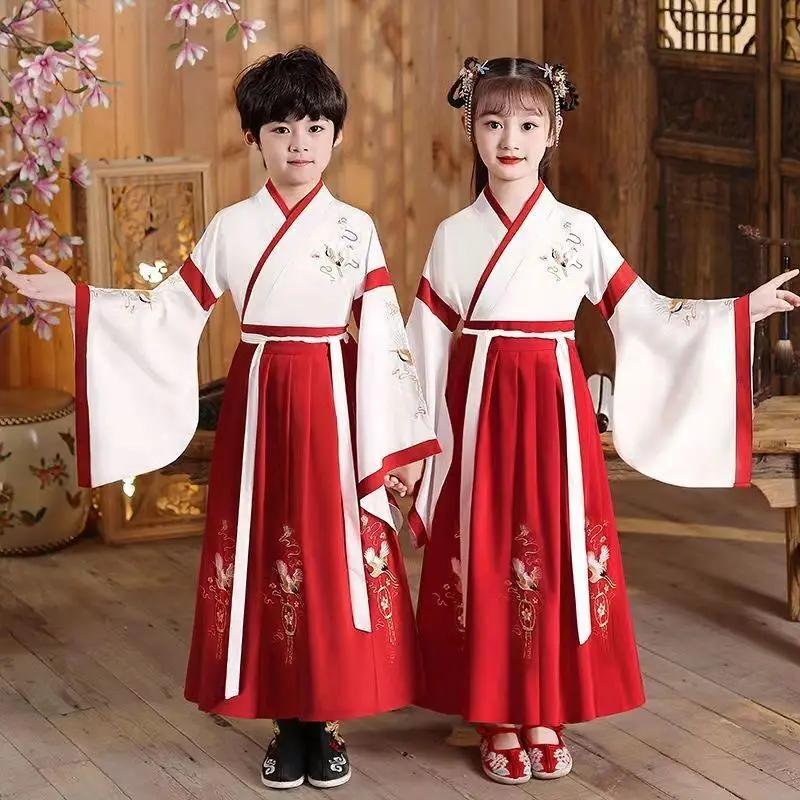 Hanfu Dress Kids Traditional Chinese Costume Folk Ancient Crane Baby Girl Boy Tang Suit Dance Costume Party New Year Clothes