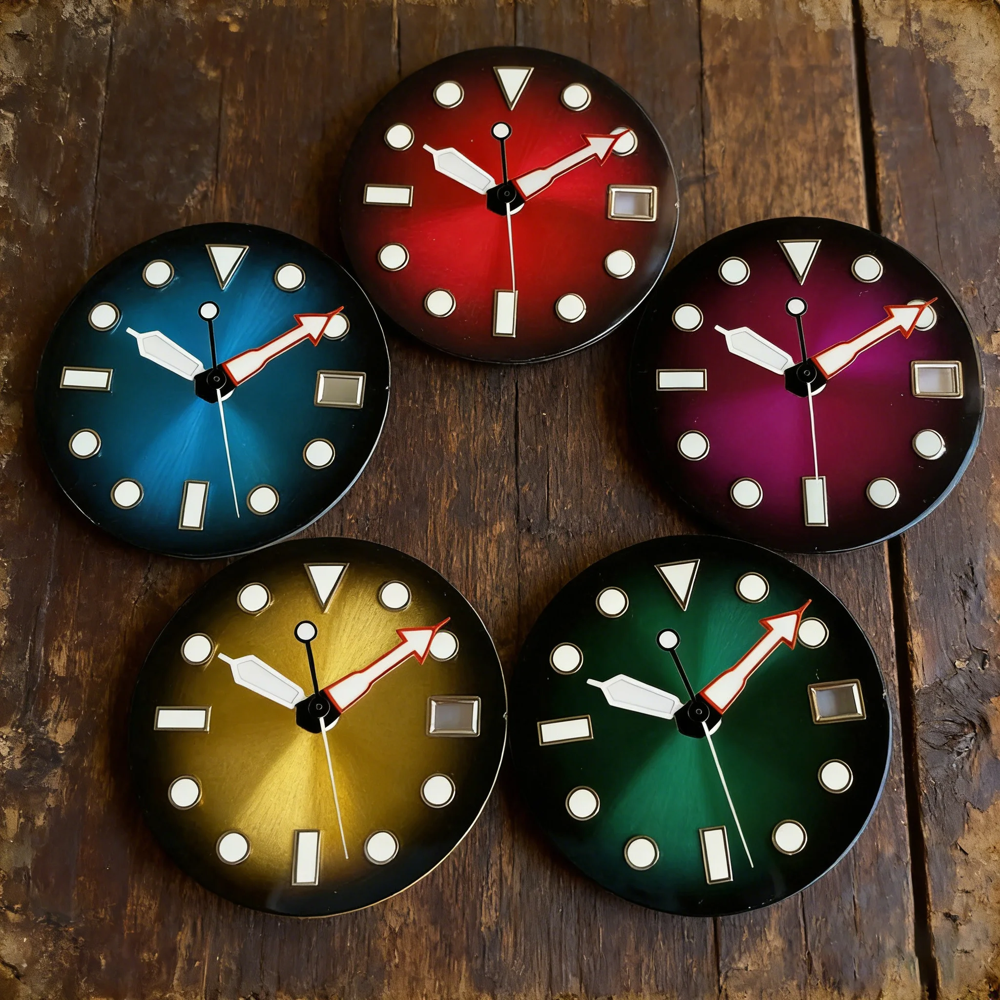 Nologo 29mm Red/Green/Blue/Purple/Golden Gradient Sunburst Watch Dial Hands Green Luminous Fit NH35 NH36 ETA2824 Miyota DG2813