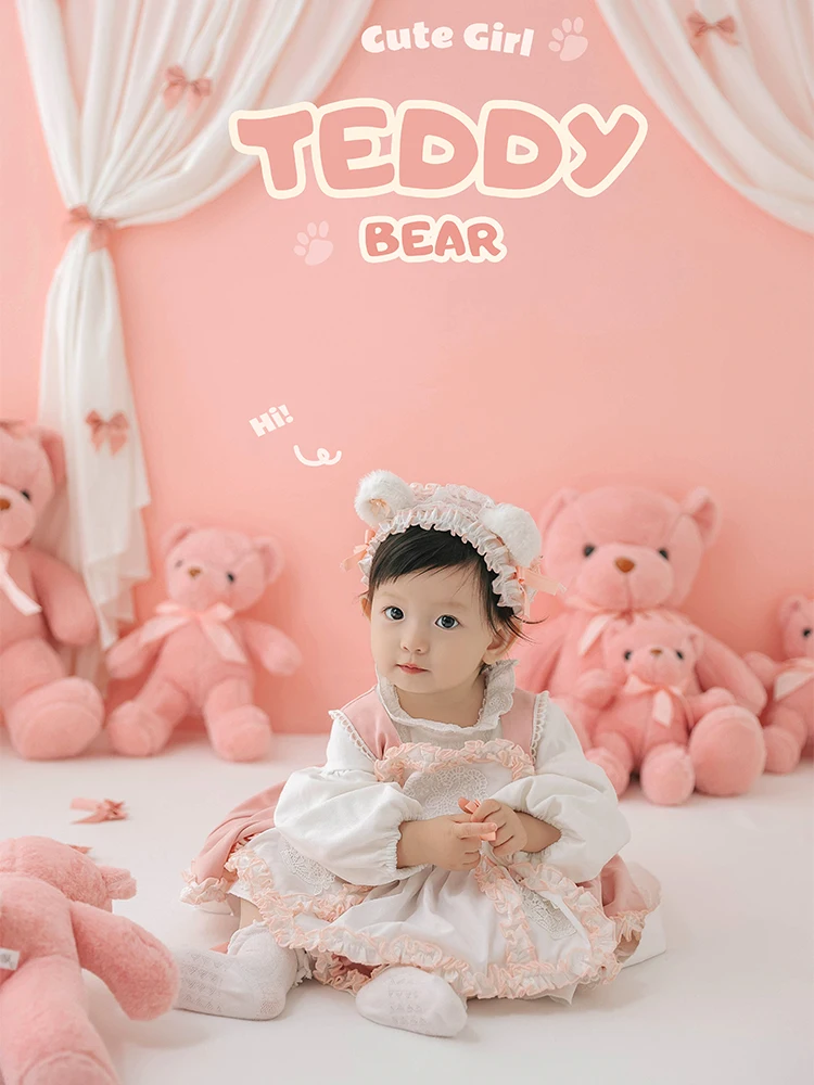 Baby Girl Puffy Dresses Pretty Spanish Princess Dress 1 Year Old Girls Photography Dress Pink Bear Dolls Props Studio Photo Set