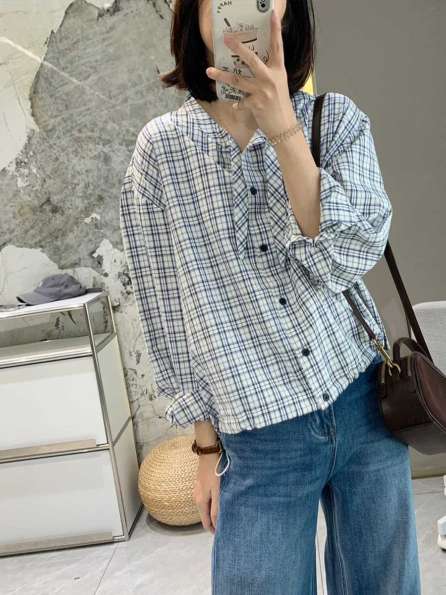 

Pure Cotton Plaid Women's irt Spring 2026 New Sle Dstring Hem Loose Commute Sle Long Sve Top Korean Version