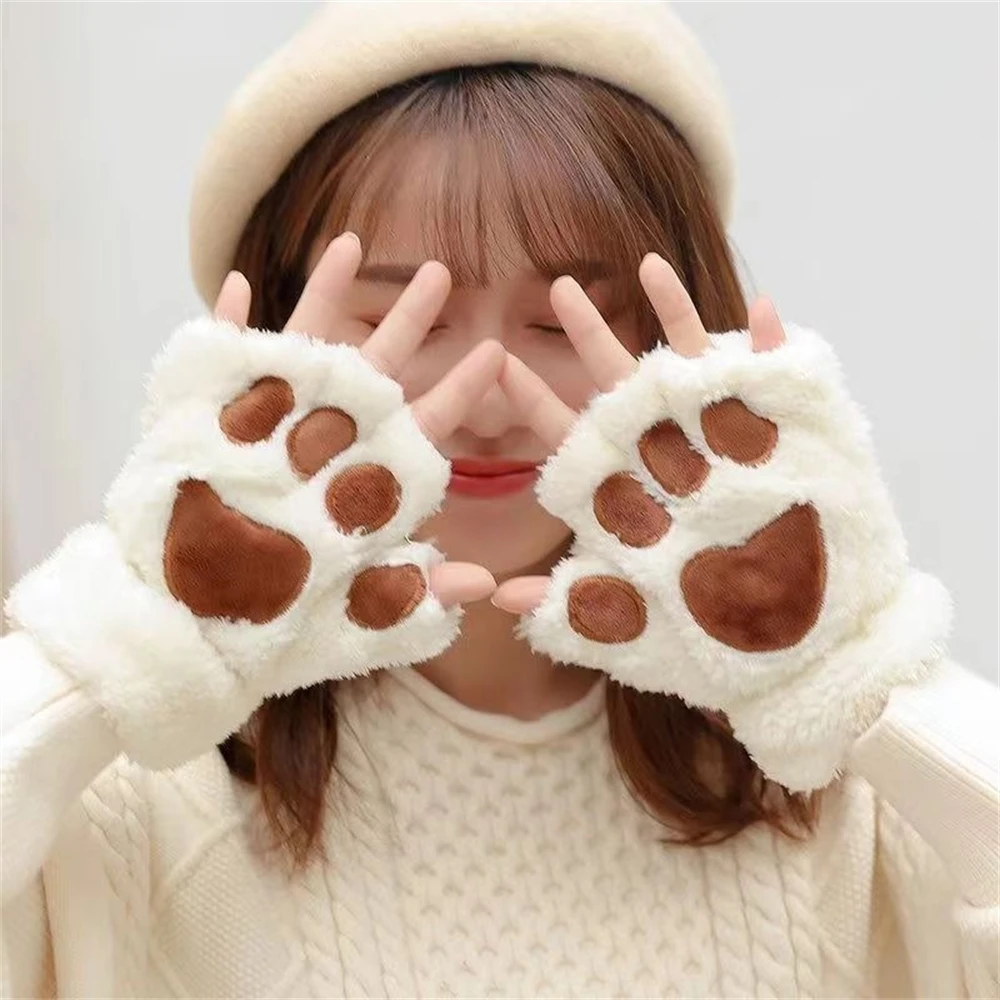 

Lovely Plush Cat Claw Paw Gloves Plush Mittens Warm Soft Plush Short Fingerless Fluffy Bear Glove Costume Half Finger Gloves