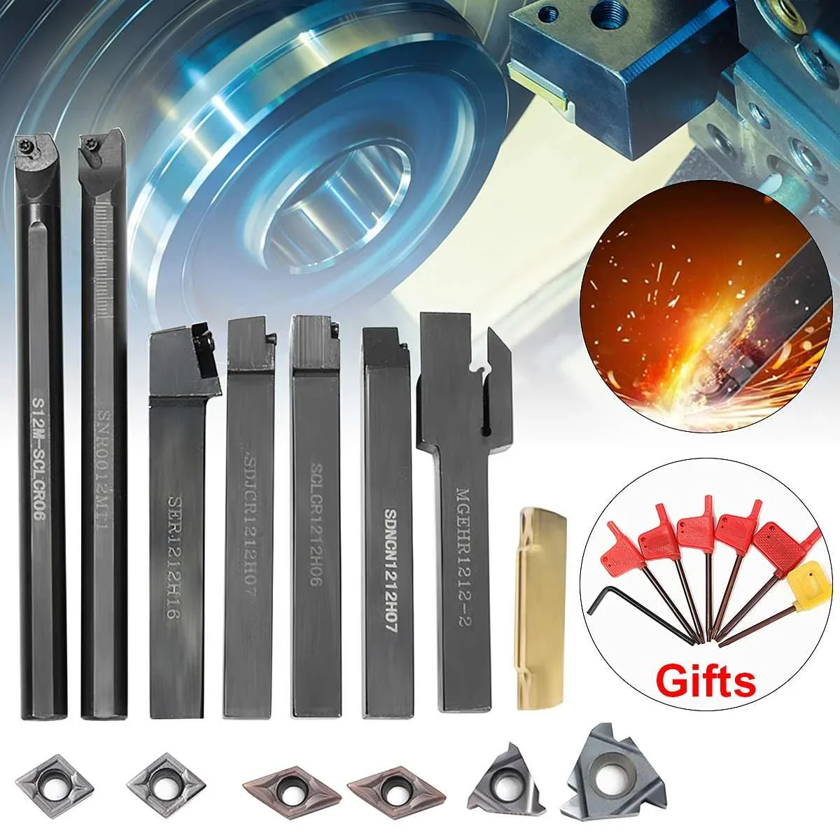 Turning Threading Tool Set 7Pcs/Sets 10MM 12MM CNC Lathe Turning Tool Holder Boring Bar with Applicable Inserts Wrenches