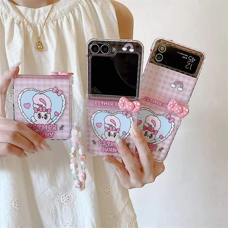 Korean Cute Bow Rabbit Phone Case For Samsung Gaalxy Z Flip 8 7 6 5 4 3 Z Flip6 Flip7 Cover with Chain Hinge Cases Kawaii Funda