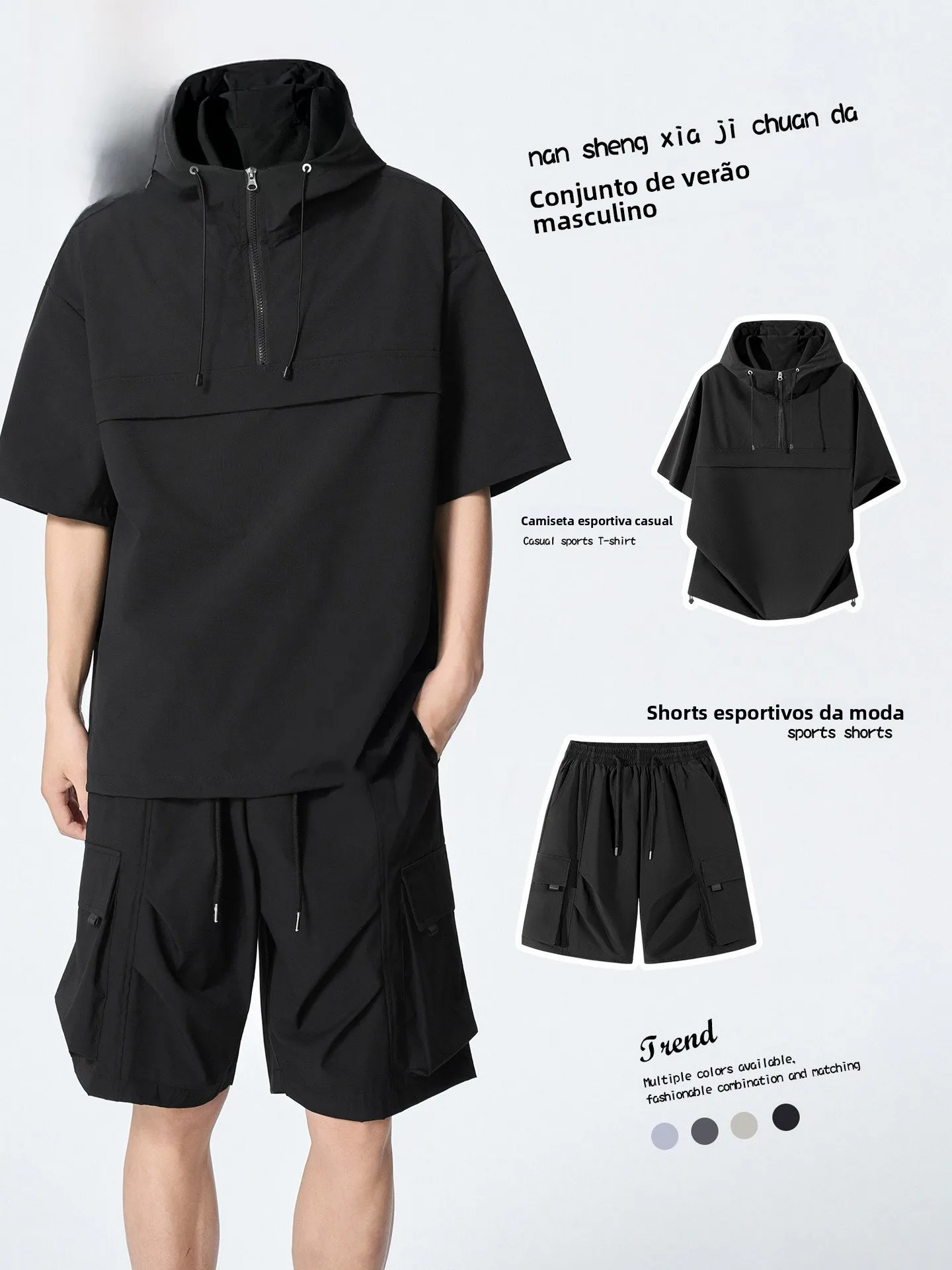 Conjunto de Verão  com Camiseta de Manga Curta e Capuz, Ajuste Solto, em Fibra de Poliéster para Jovens