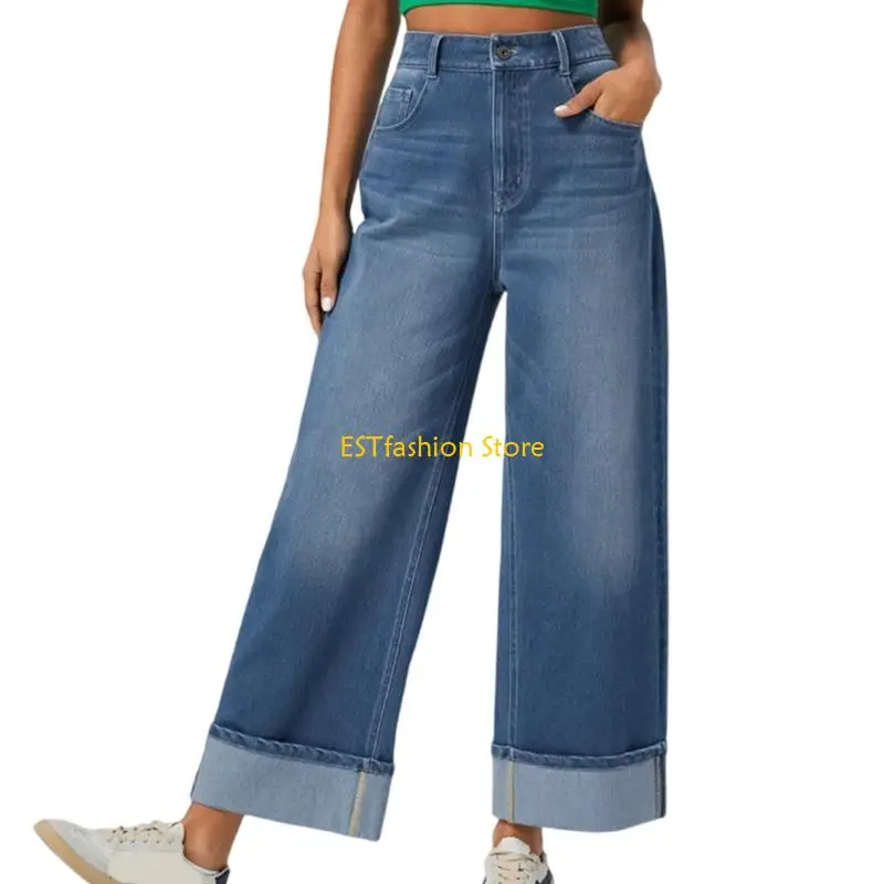 Y5GC Wide Leg Jeans Stretchy Baggy Denims Pants with Pockets High Waist Straight Leg Jeans Trousers for Women Girls Gift