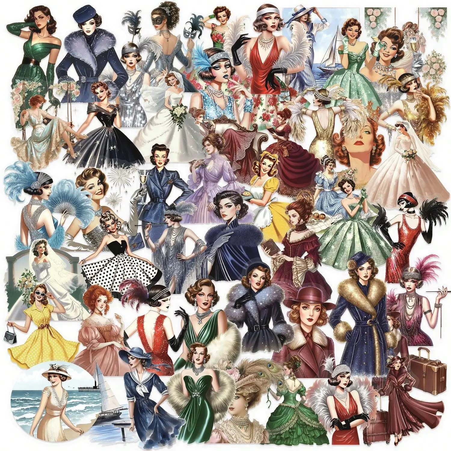 50 Retro Elegant Ladies Cartoon Stickers Decorative DIY Mobile Phone Case Skateboard Water Cup PET Waterproof Stickers
