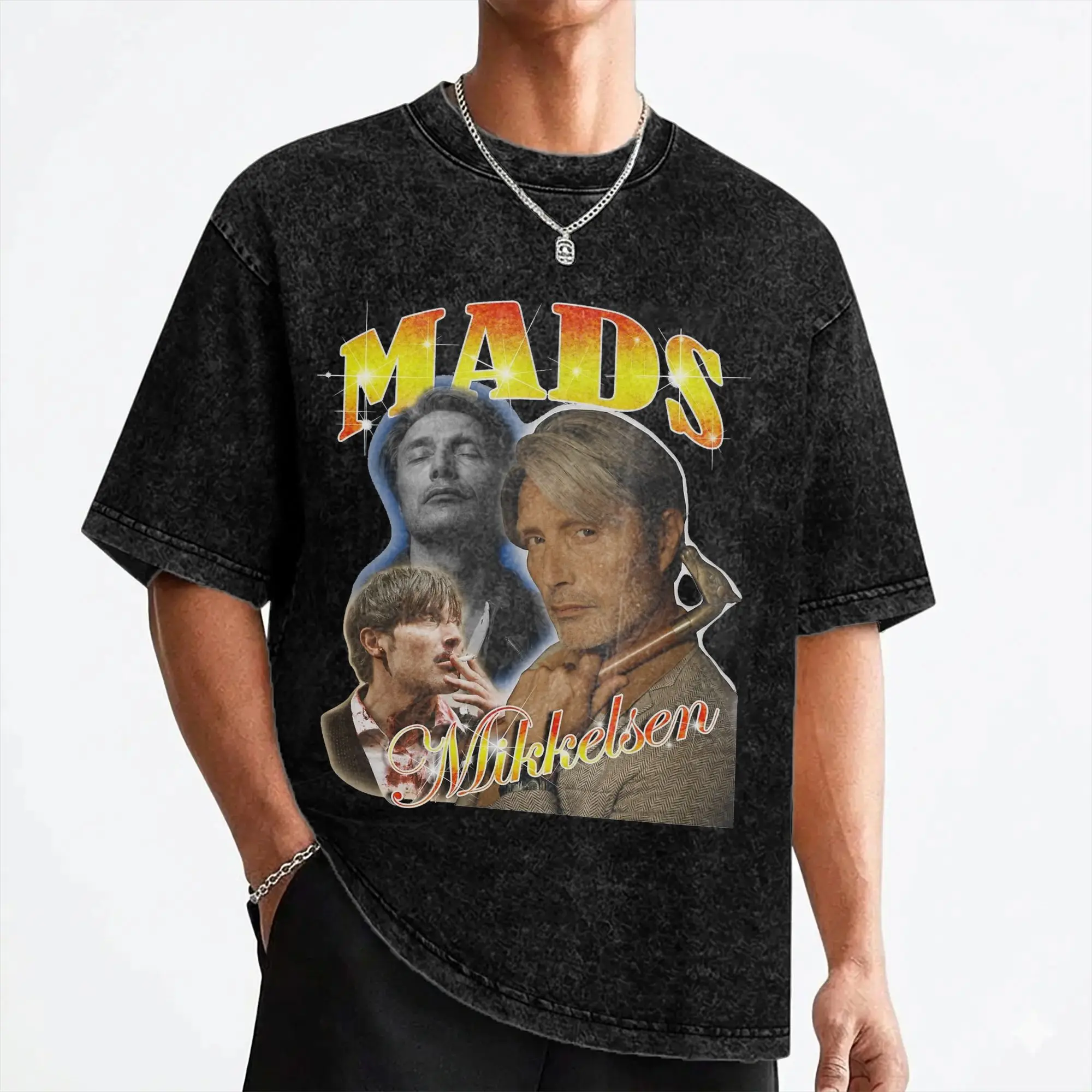 Mads Mikkelsen Actor T Shirt Washed Cotton High Street T-Shirts  Vintage Men Women Streetwear Graphic Tees