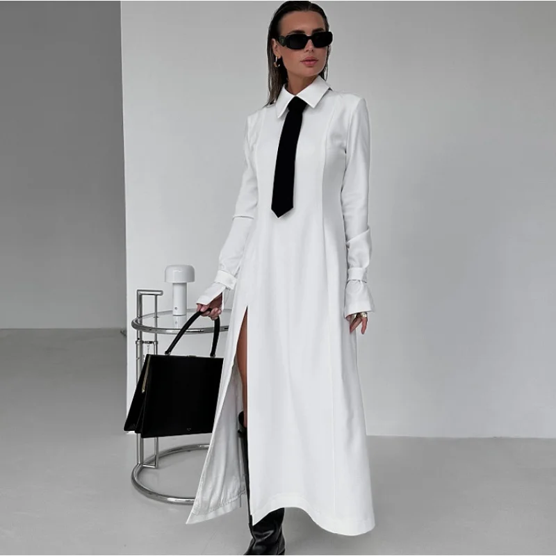

Women's Early Spring New Style Elegant College Style Turn-Down Collar Long Sleeve Split Dress with Tie Long Dress