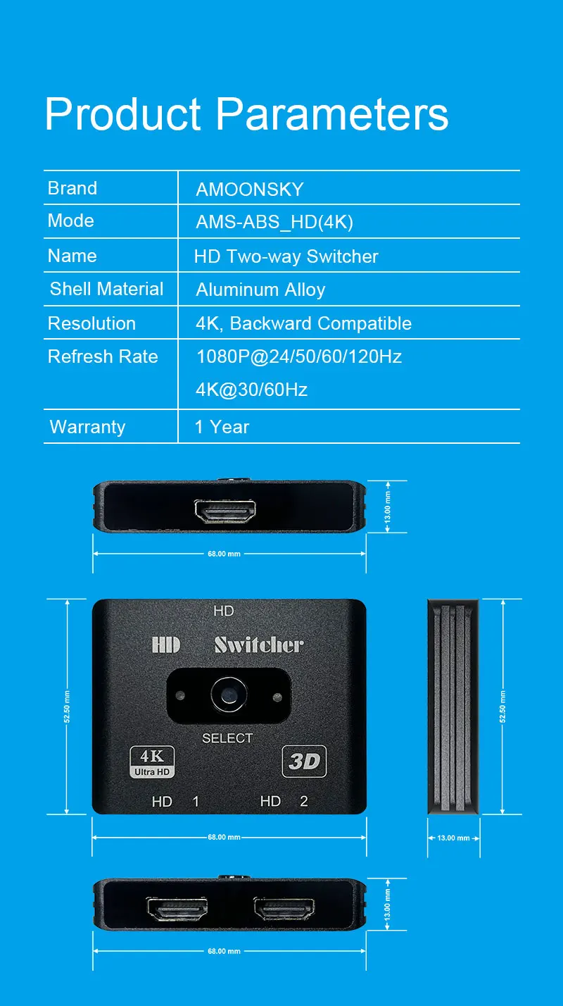 AMS-ABS-HD(8K) Hd Bidirectionele Schakelaar 2X1 Ondersteuning 8K Ultra Hd En 3d Visuele Effecten Automatische Resolutie Detectie Usb Power