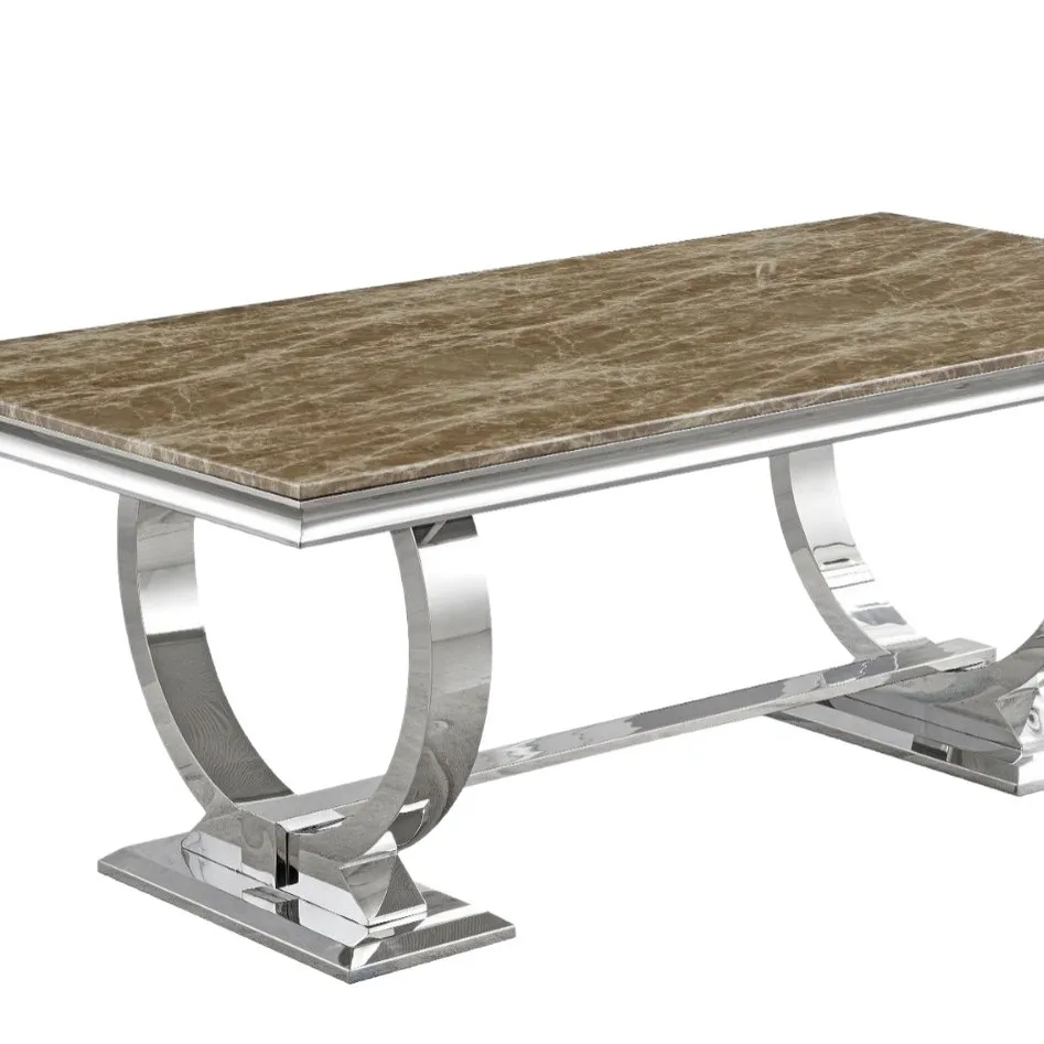 大理石のステンレス製ダイニングテーブル、モダンなミニマリストのダイニングテーブルとステンレス製の椅子