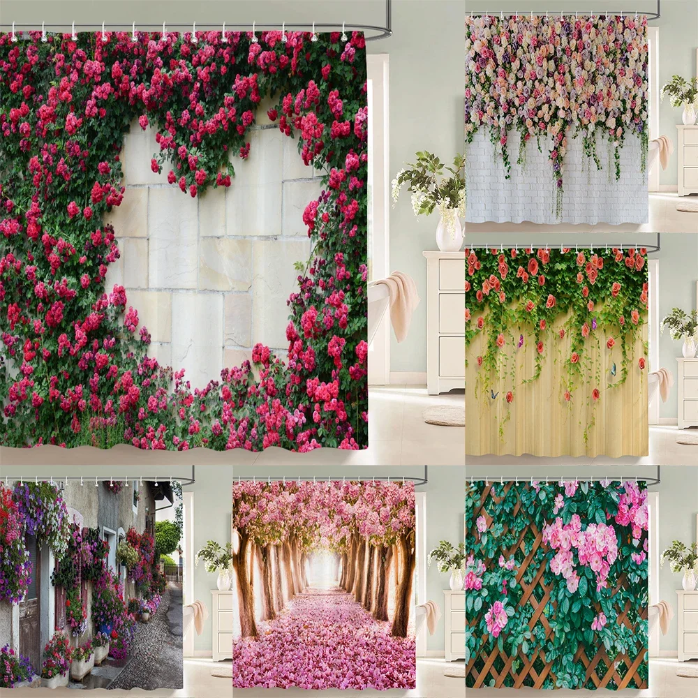 

3D Европейский сельский городок, уличный пейзаж, печать, водонепроницаемая занавеска для душа, уличный цветочный пейзаж, занавеска, украшение