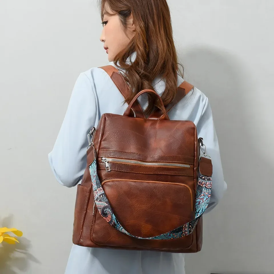 Vintage PU Solid Color Backpack Fashion Women's Designer Commuter Bag Retro Girls' School Bag Multifunctional Shoulder Bag