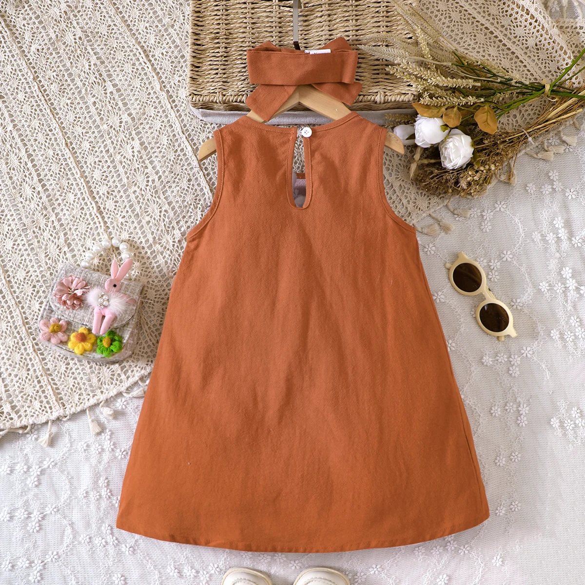 Girls Dress Bow Tie Sleeveless Embroidery Pocket New Fashion Beach Travel Home Trend Versatile