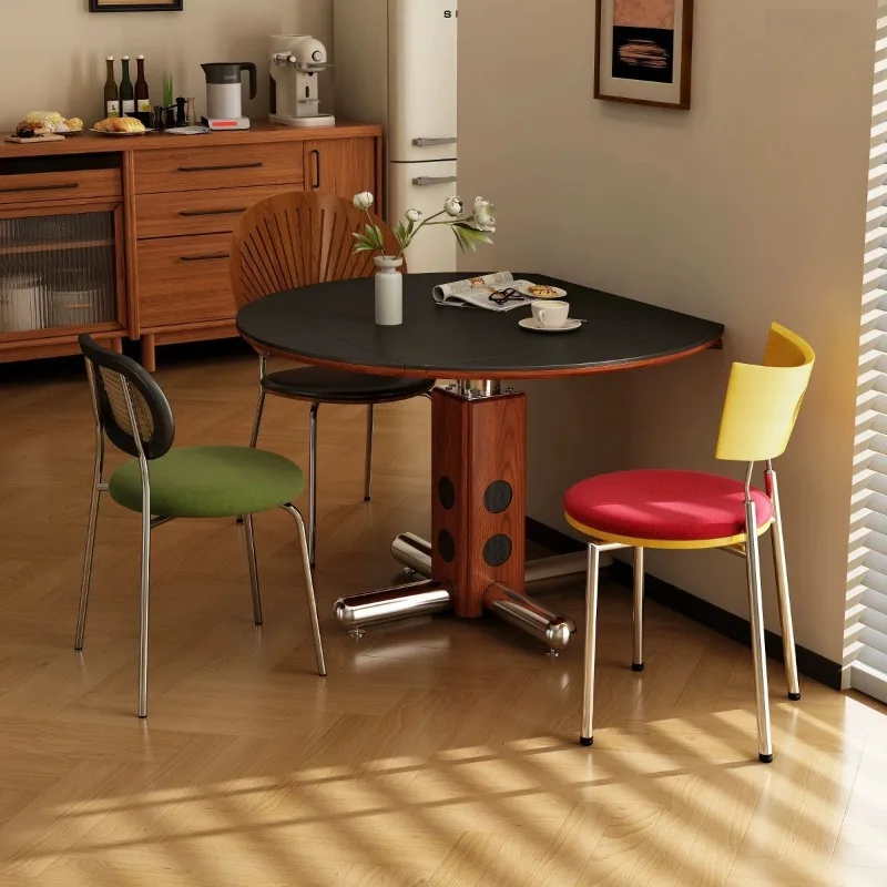 ancient style small apartment, square and round dual-purpose ash wood rock slab multi-functional four-fold dining table