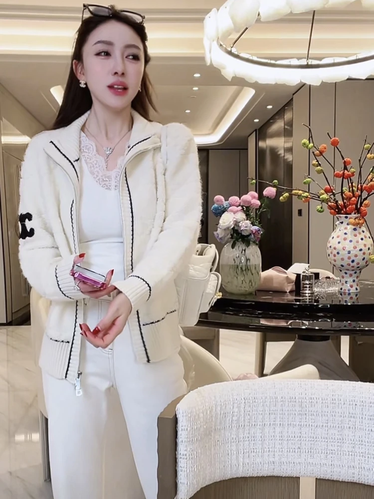 

Tian Jiao Baby Luxury Simple Line Knitwear Jaet Women's Loose Lazy Top Autumn Winter Thi Warm Pure Color Zipper Closure