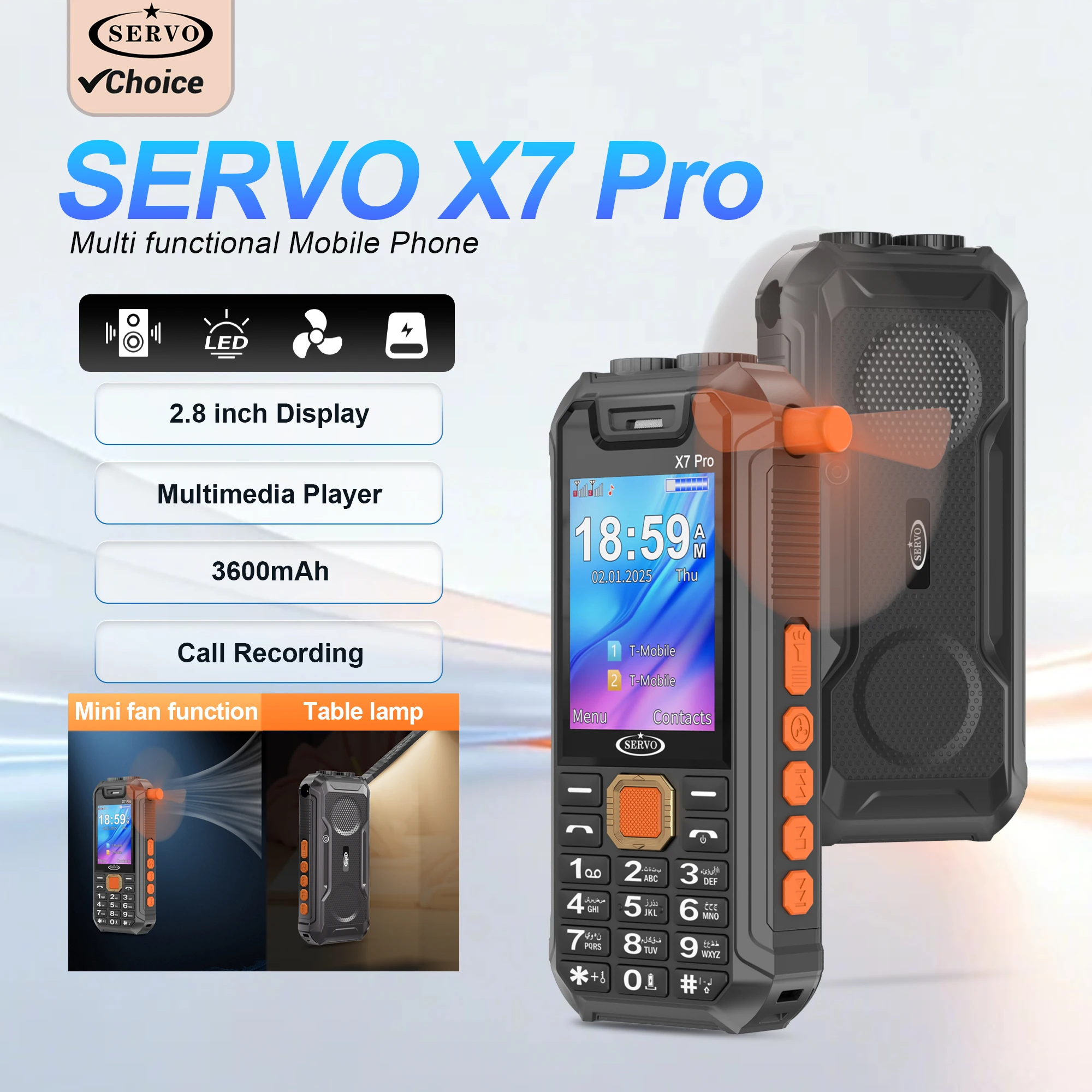 SERVO X7 PRO Desk Lamp Mobile Phones Built-in Fan Bluetooth Call 2 SIM 3600mAh Power Bank FM Radio Recorder Multi-use Cell phone