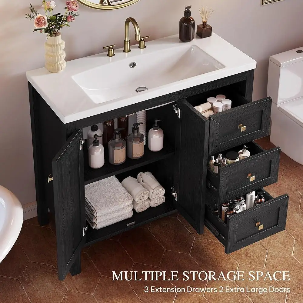 Vintage Bathroom Vanity Cabinet with Resin Sink Large Storage Soft Close Doors and Drawers Easy Assembly Durable Design