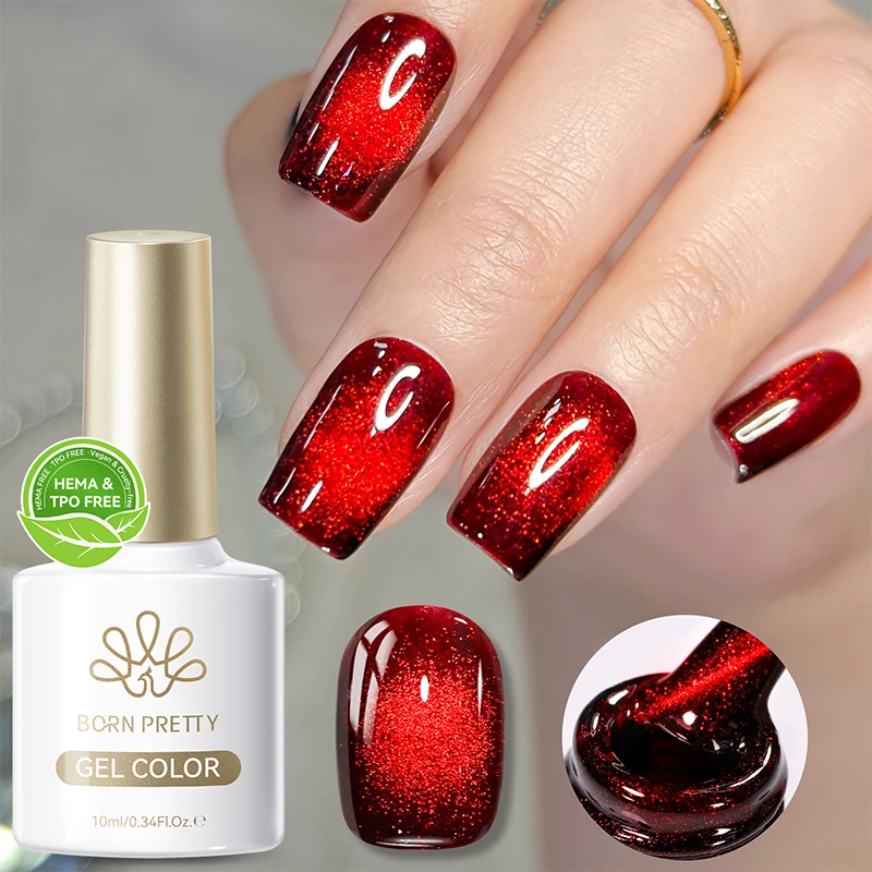 BORN PRETTY 10ml Red Glass Bead Cat Magnetic Gel Ultra Shine Semi Permanent Soak Off UV Gel Christmas Manicure Nail Art Varnish