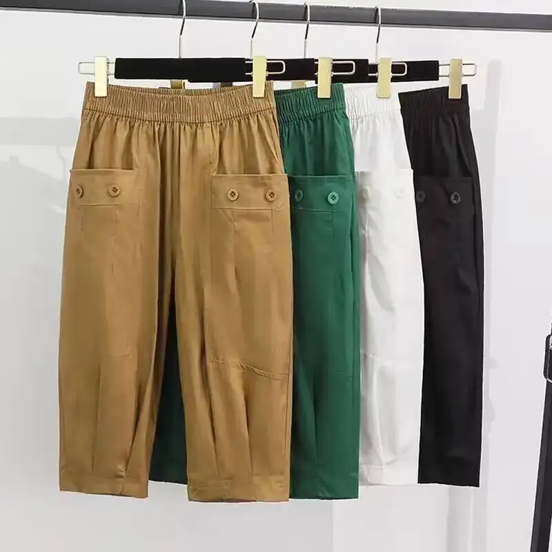 

2025 Summer Casual Cotton Harem Pants For Women Streetwear Solid Color Capri Pants Ladies High Waist Calf-Length Pants