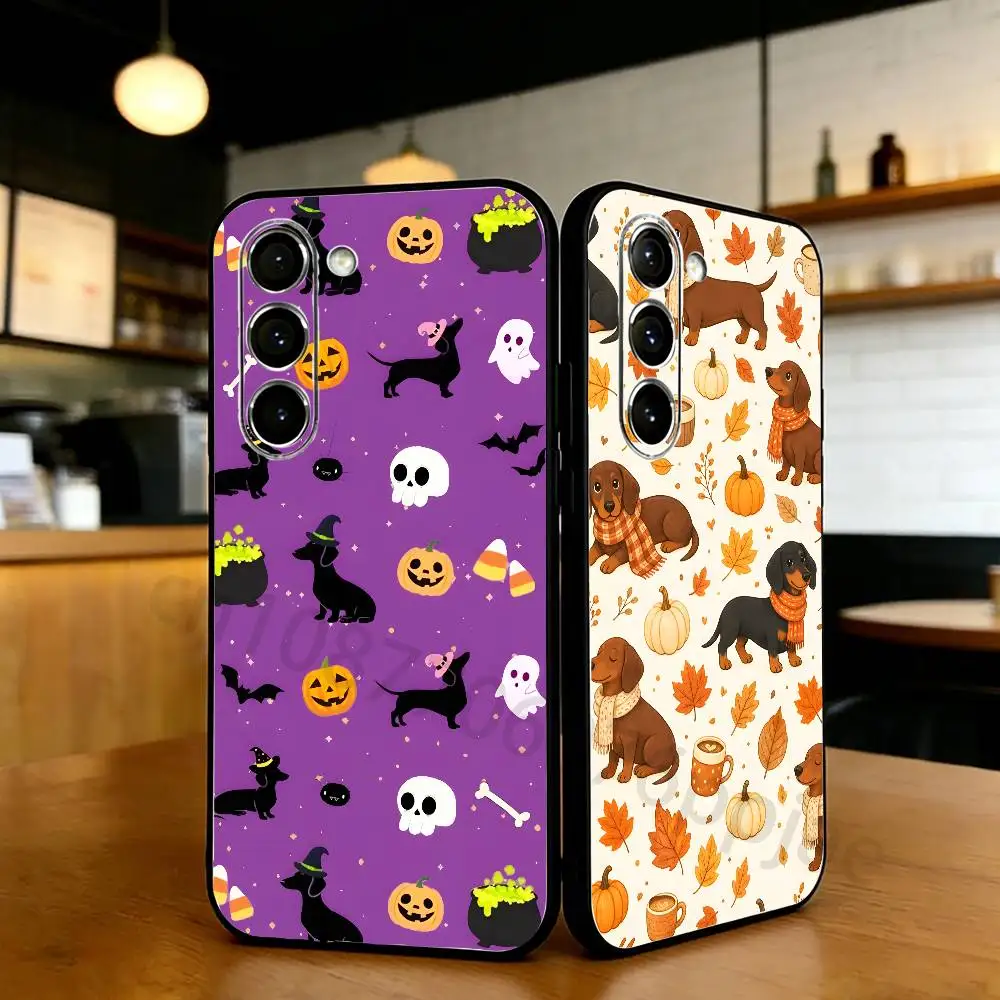 Cute Halloween Dachshund Phone Case For Samsung S24,21,22,23,30,Ultra,20,Plus,Note,10,9,Black soft silicone case