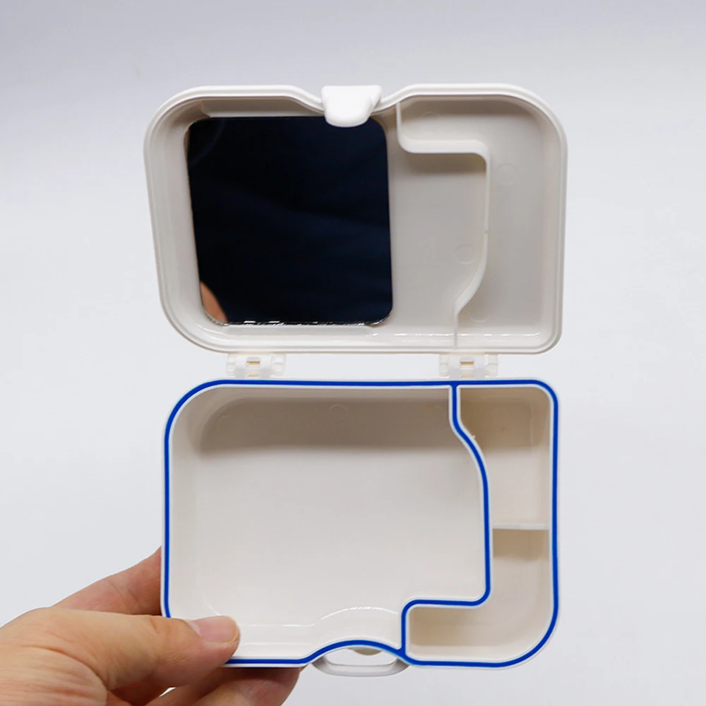 Denture Bath False Teeth and Cleaning Brush Storage Box Case Container with Mirror and Toothbrush