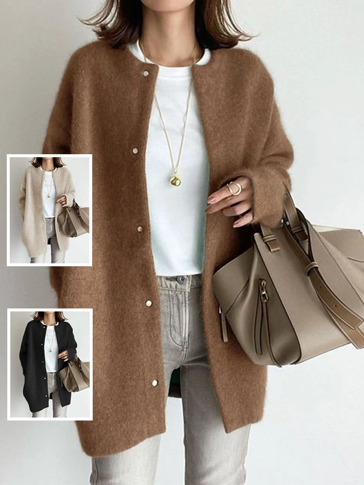 

Classic Pure Color Woolen Coat Long Sve round Ne plus Size Women's Faionable Versatile Mid-Length Button-Up Coat