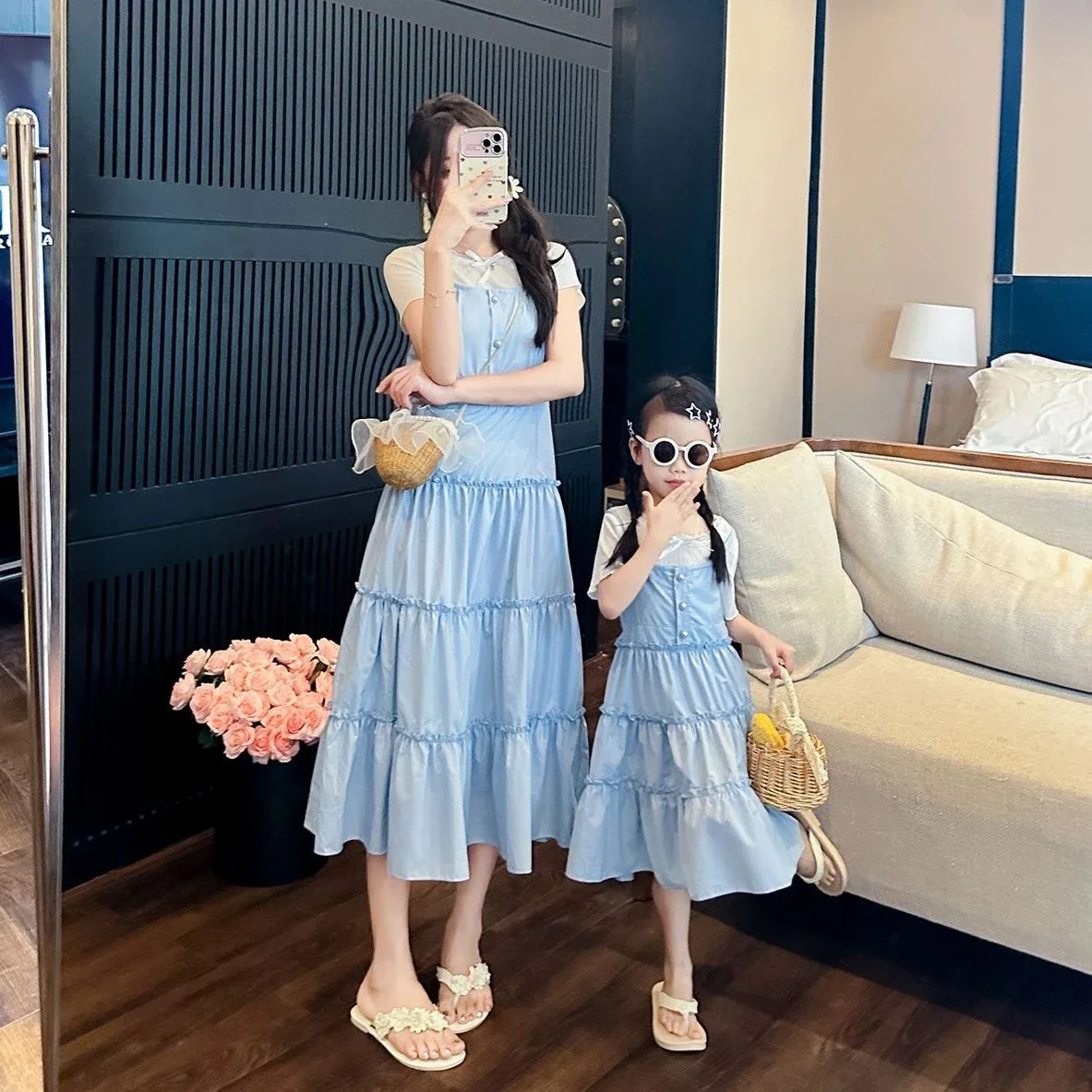 Mom and Daughter Flower Embroidery Dress Sets Vacation Look Mother and Baby Girls Holiday Blue Dresses + White T Shirts Outfits