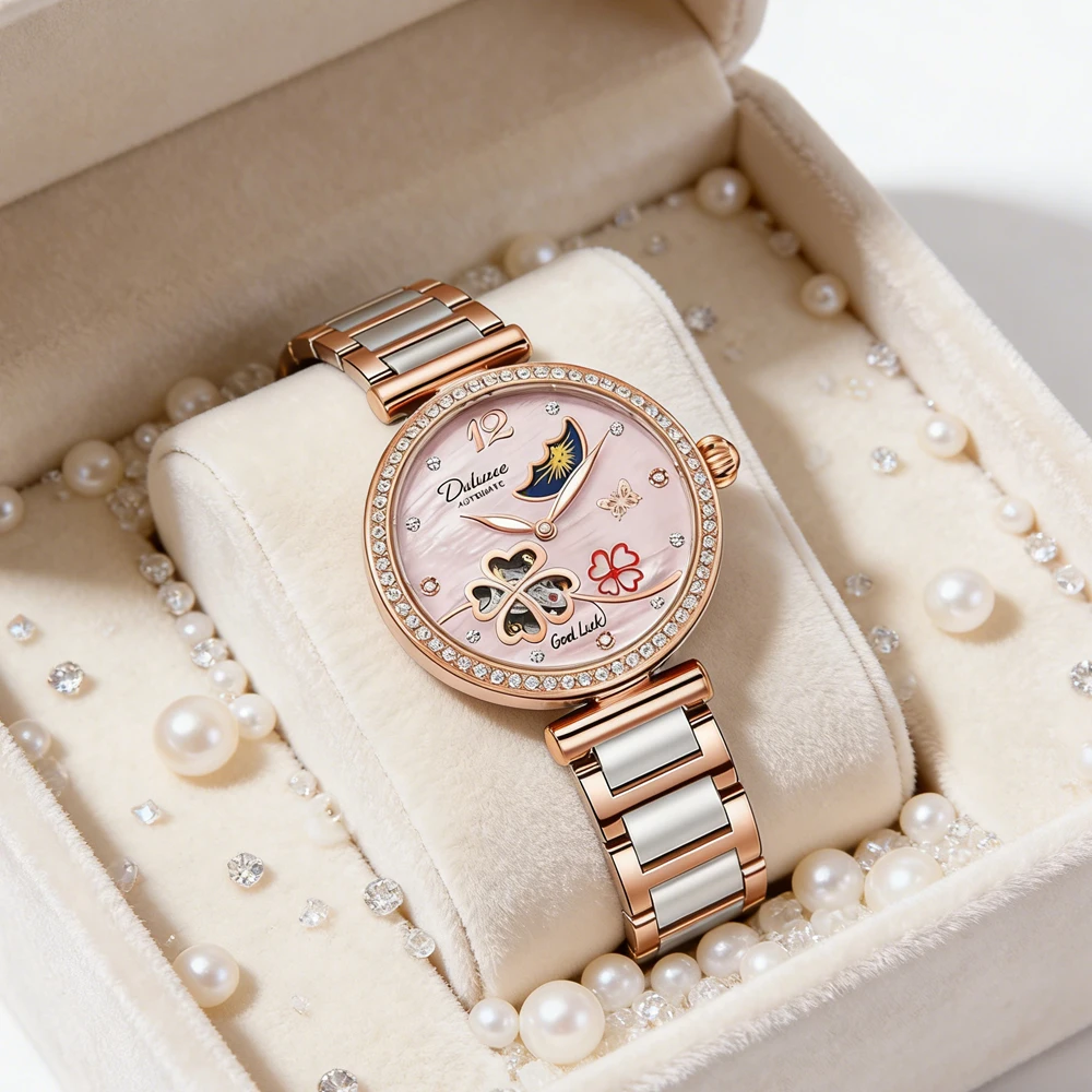2026 New Luxury Ceramics Mechanical Watch Women Fashion Classic Clover Automatic Watches Women's Skeleton Elegant Ladies Watches