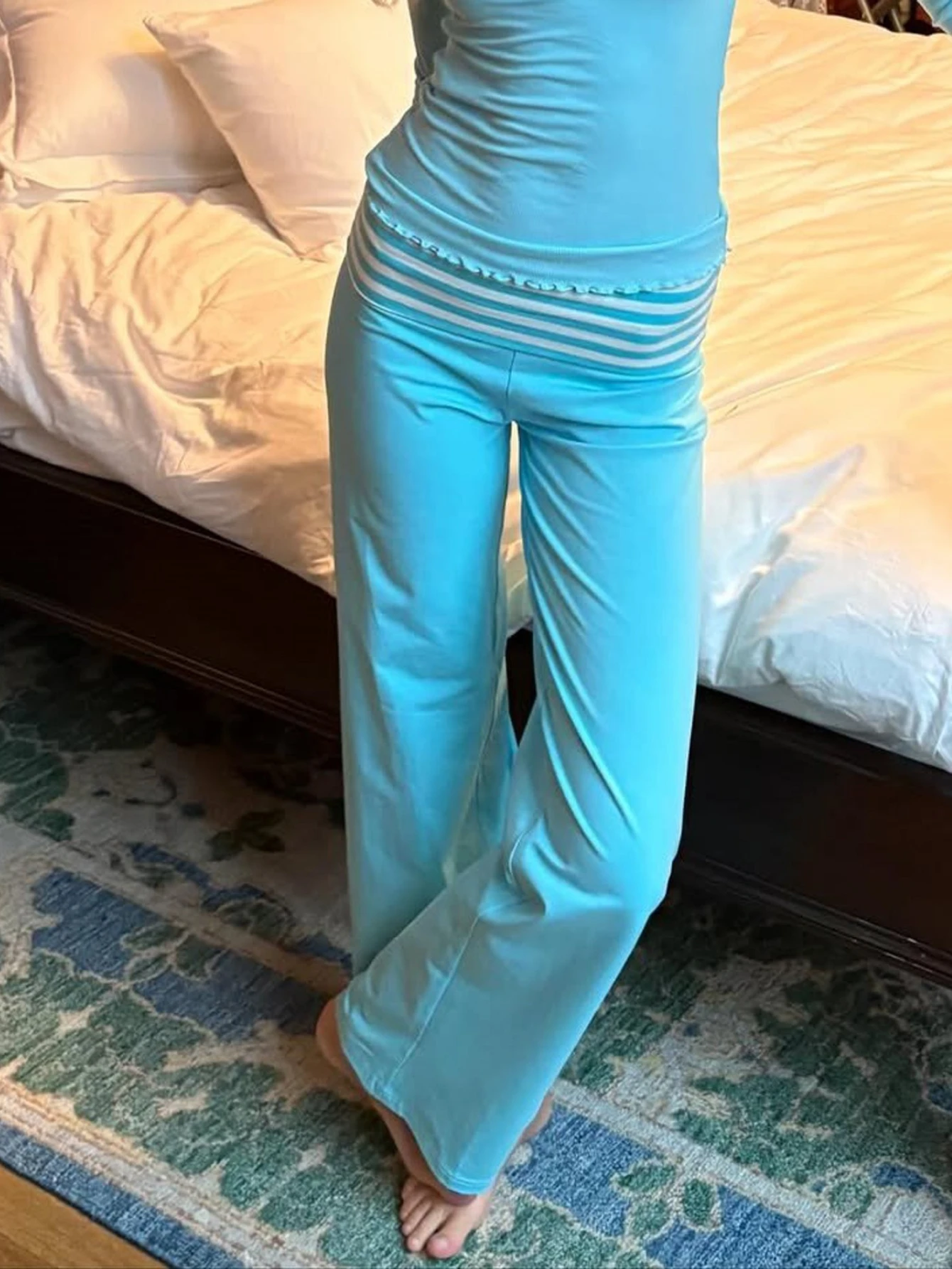 Y2K Women Fashion Foldover Striped Casual Pajama Pants Lounge Pants Elastic Double Layered Low Waist Pj Long Trousers Clothes