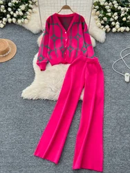 Knitted Two Piece Sets Women Autumn Winter Vintage Long Sleeved Printed Knitted Cardigan Sweater Wide Leg Pants Tracksuits