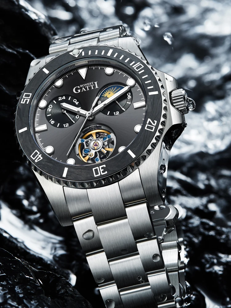 BONEST GATTI 남자 자동 시계 42mm 기계식 손목 시계 사파이어 빛나는 탄소 섬유 베젤 24 시간 주야간 다이얼