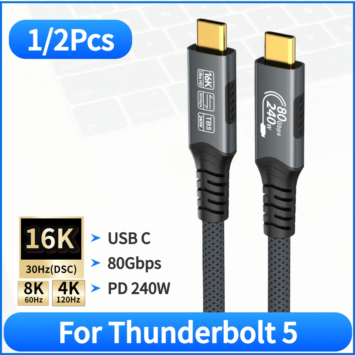 1/2Pcs 16K USB-C Cable 240W 40Gbps Data Transfer 8K@60Hz Video Cable Type C Charging Cord for Thunderbolt 5/4/3 MacBook Pro