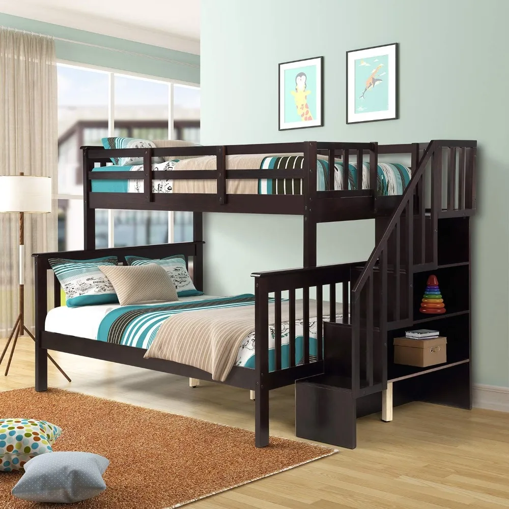 Stackable Twin-Over-Full Bunk Bed with Stairway, Wood Storage Bunk Bed, Detachable Bunk Beds can Be Divided into 2 Beds