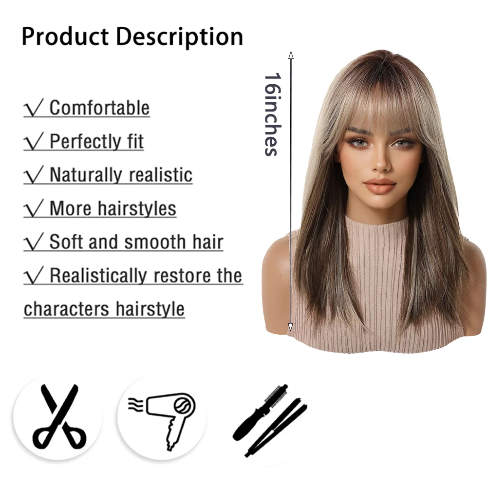 Balayage Brown Blonde Highlight Wigs Layered Straight Wig with Air Bangs Heat Resistant Synthetic Hair For Women Daily Party