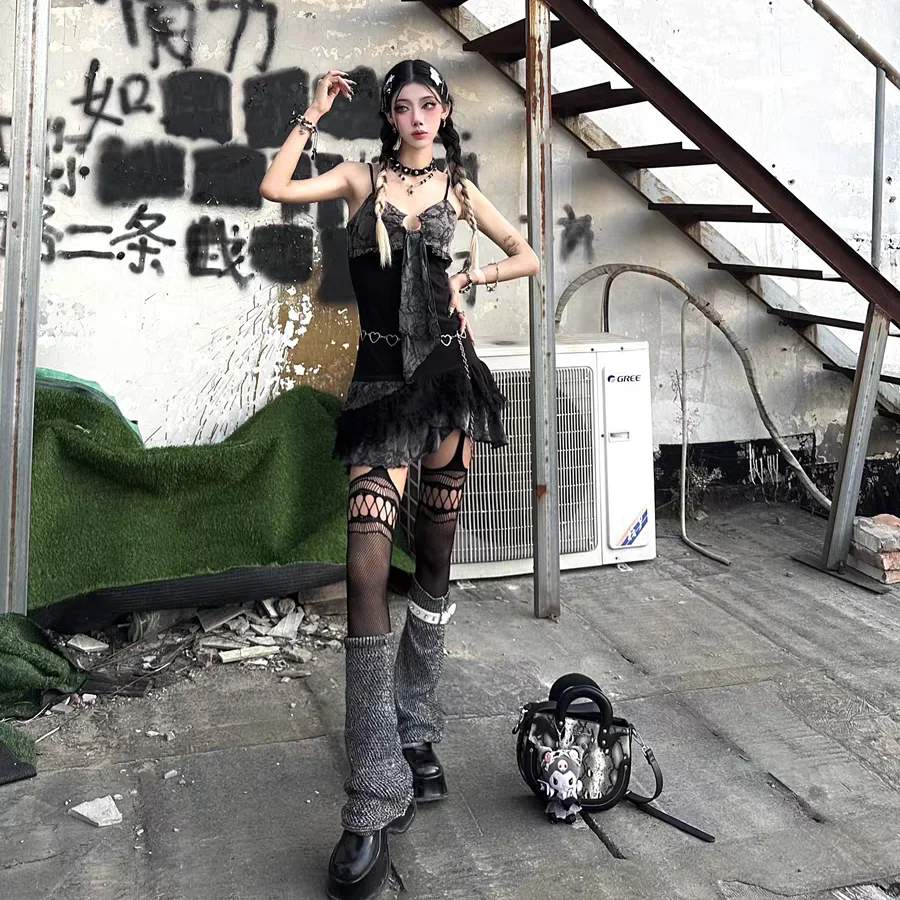 Sexy A-line Short Dress Girl Streetwear Punk Hotsweet City Goth Clothing Y2K Summer Coquette Top 2000s Party Skirt Sling Dresses