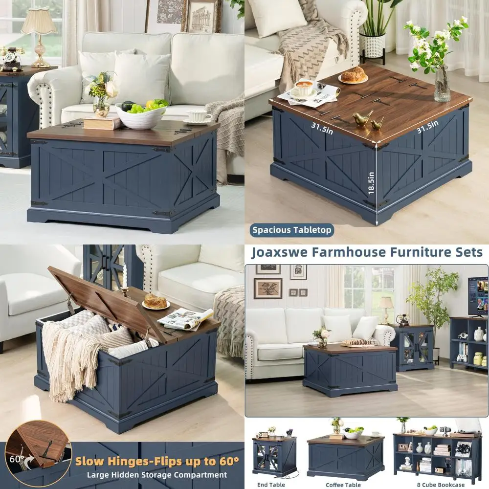 

Rustic Modern Farmhouse Coffee Table with Navy Blue Center and Large Hidden Storage for Living Room