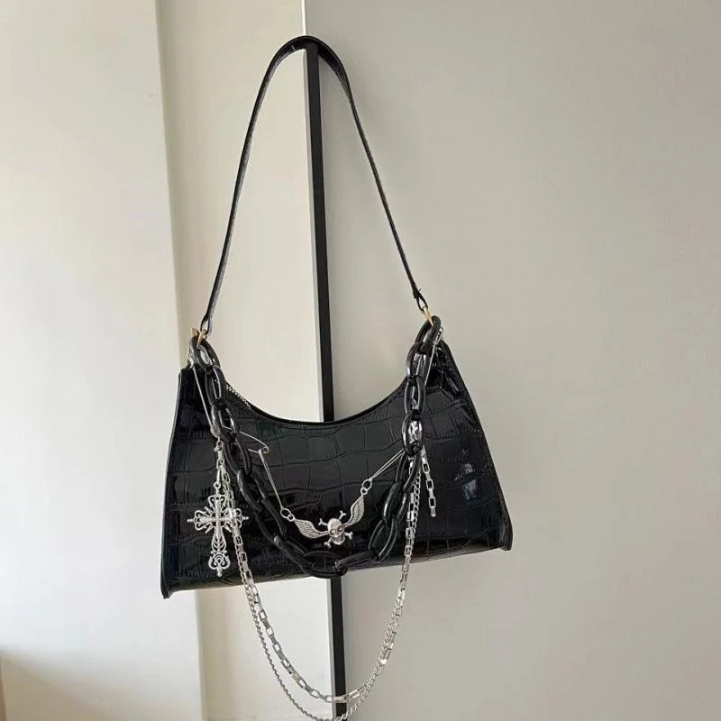 Gothic Dark Punk Unterarmtasche mit Totenkopf Umhängetasche Y2k Kette Krokodilmuster Umhängetasche Koreanische beliebte ästhetische Taschen – Detail 9