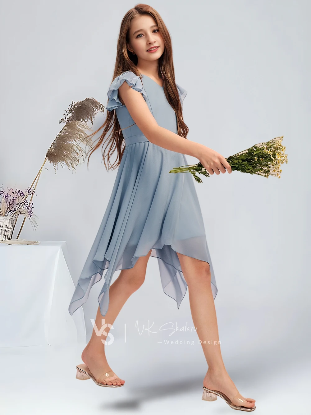 QC Kids A-line V-Neck Tea-Length Chiffon Junior Bridesmaid Dress With Bow Cascading Ruffles Dusty Blue Flower Girl Dress Wedding