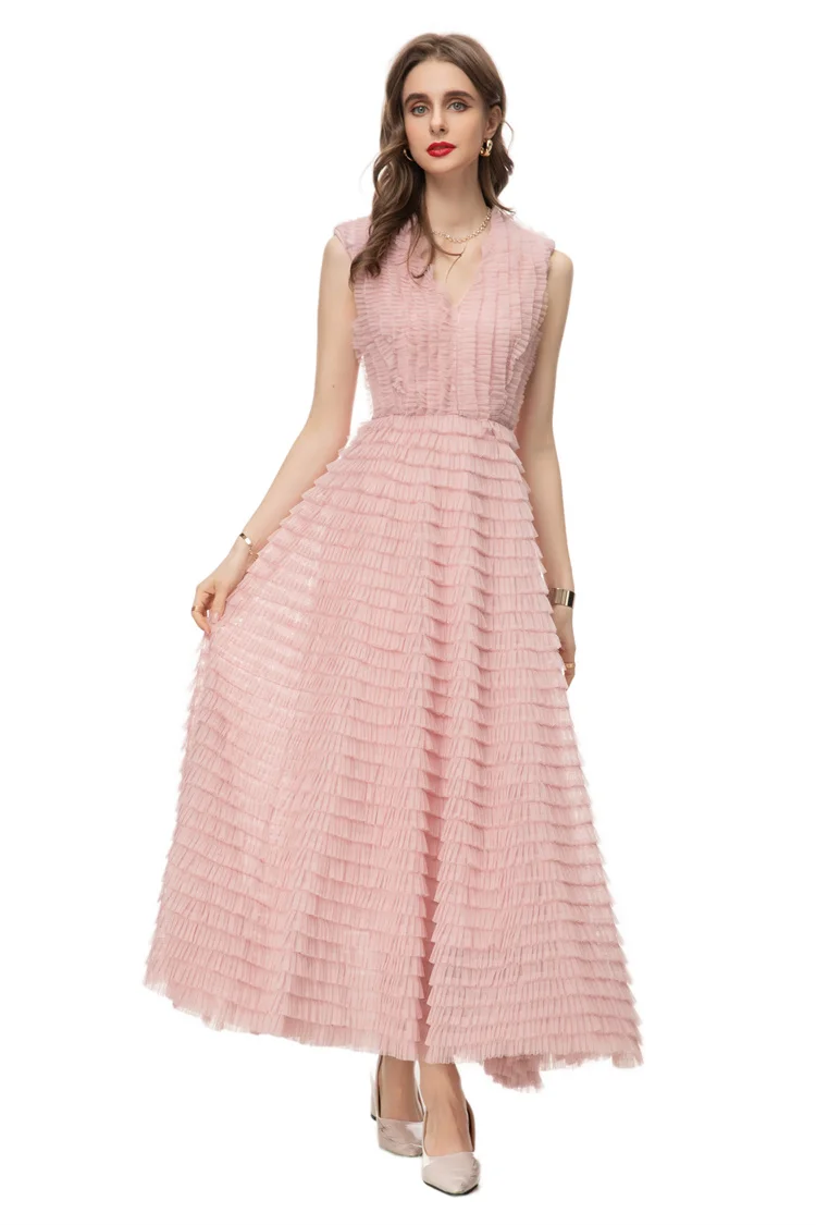 Spring Fashion Designer Pink Vintage Mesh Dress Women's V Neck Sleeveless Cascading Ruffles Slim A-LINE Vest Long Dress