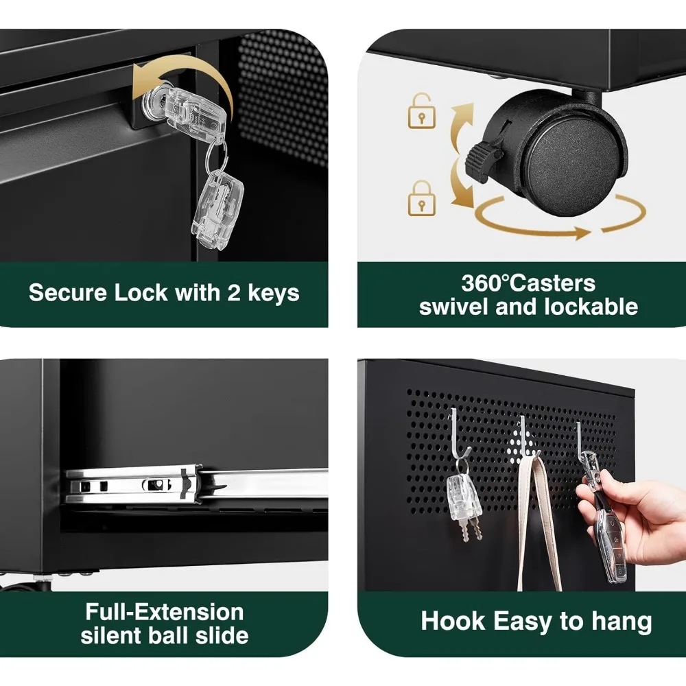 Secure 3-Drawer Metal File Cabinet with Lock, Mobile Lateral Filing System, Printer Stand Storage Cabinet with Shelves for Home