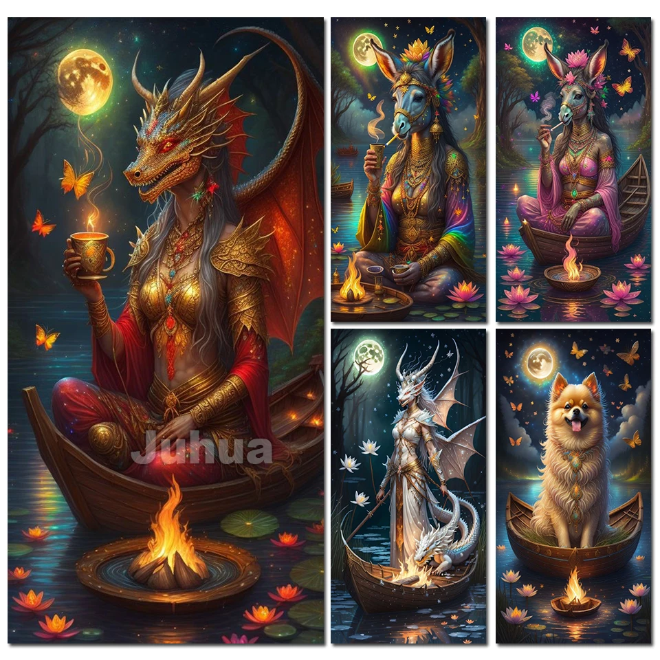 New 2023 Large Diamond Painting Moon Boat Donkey Full Square Round Diamond Mosaic Embroidery Animals Cross Stitch For Halloween