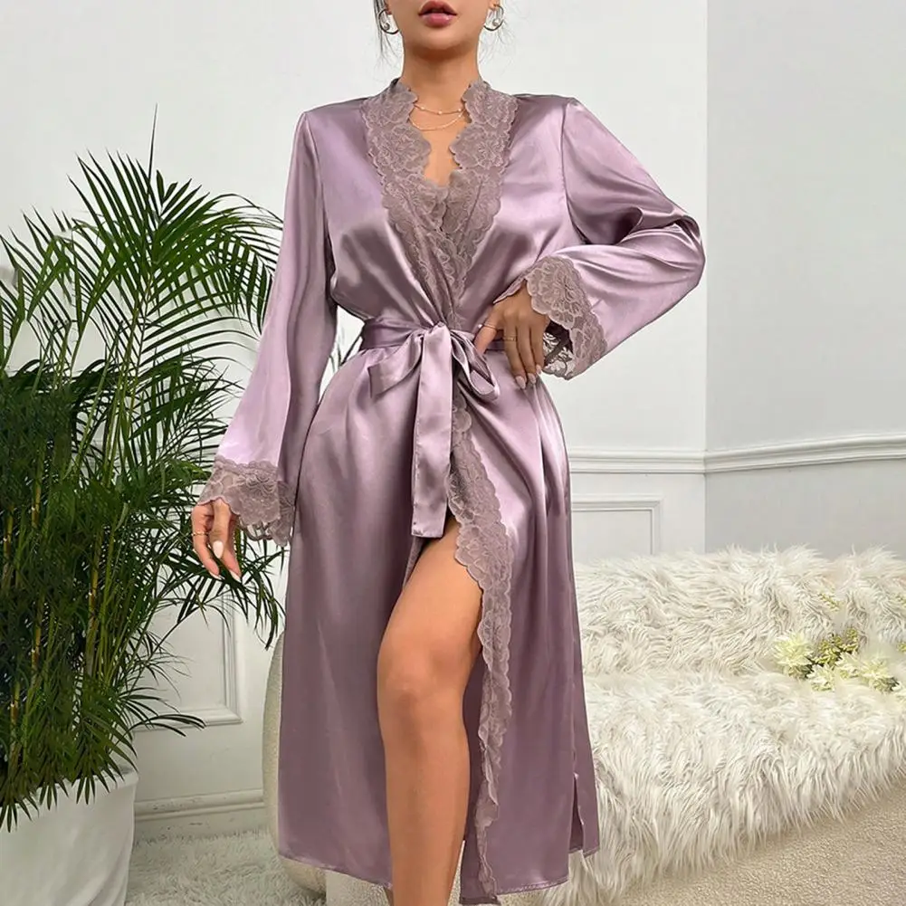

Women's Satin Robe Lace Trim Silky Kimono Bathrobe Bridesmaids Pajama Robe Wedding Party Loungewear Long Sleeve V Neck Sleepwear
