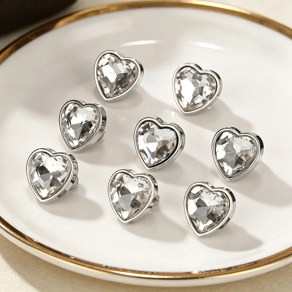 10PCS High-End Diamond-Embedded Heart Shaped Metal Button for Tweed Sweater Dress DIY Decoration